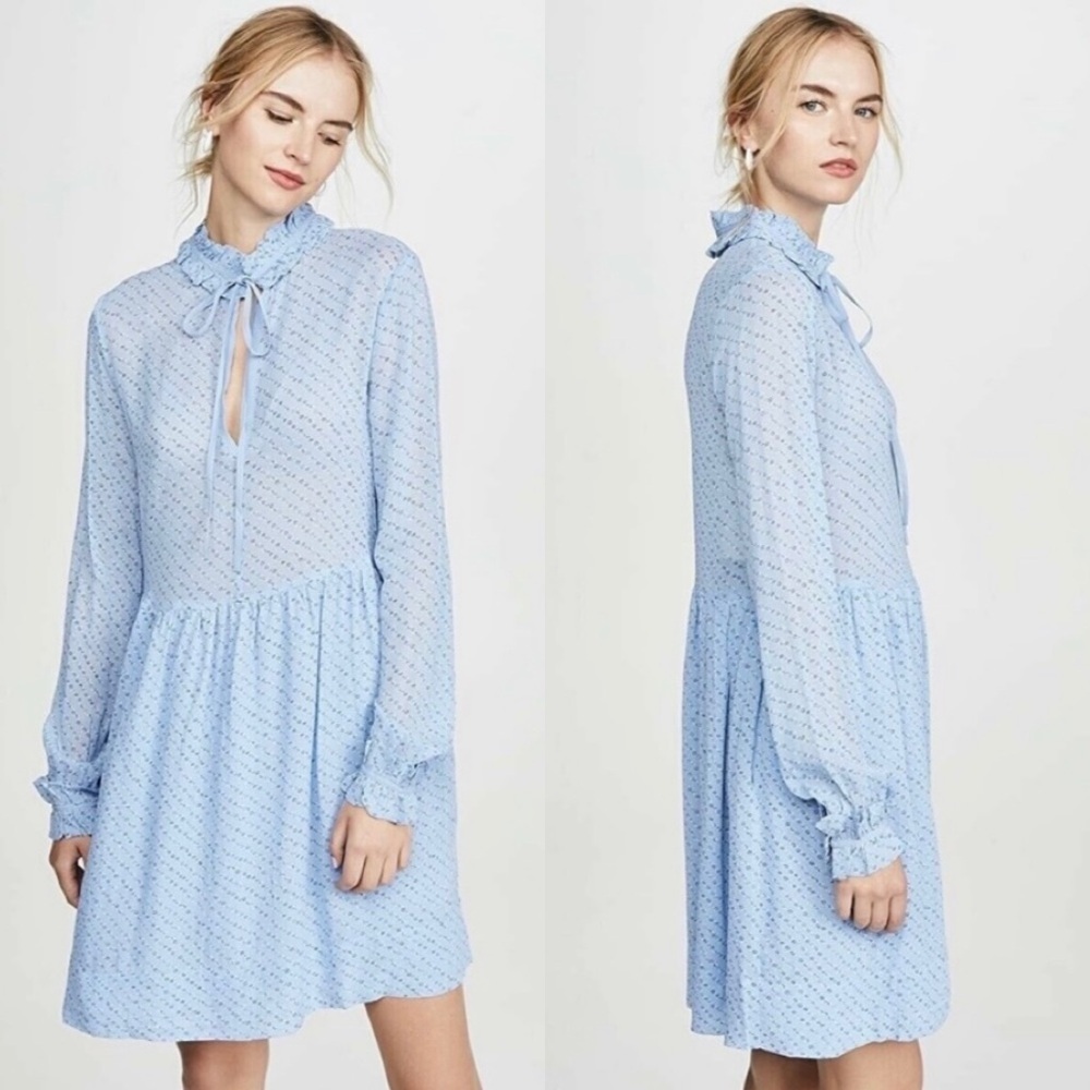 Ganni Long-Sleeve Floral Printed Georgette Dress‎ with Ruffle Trim